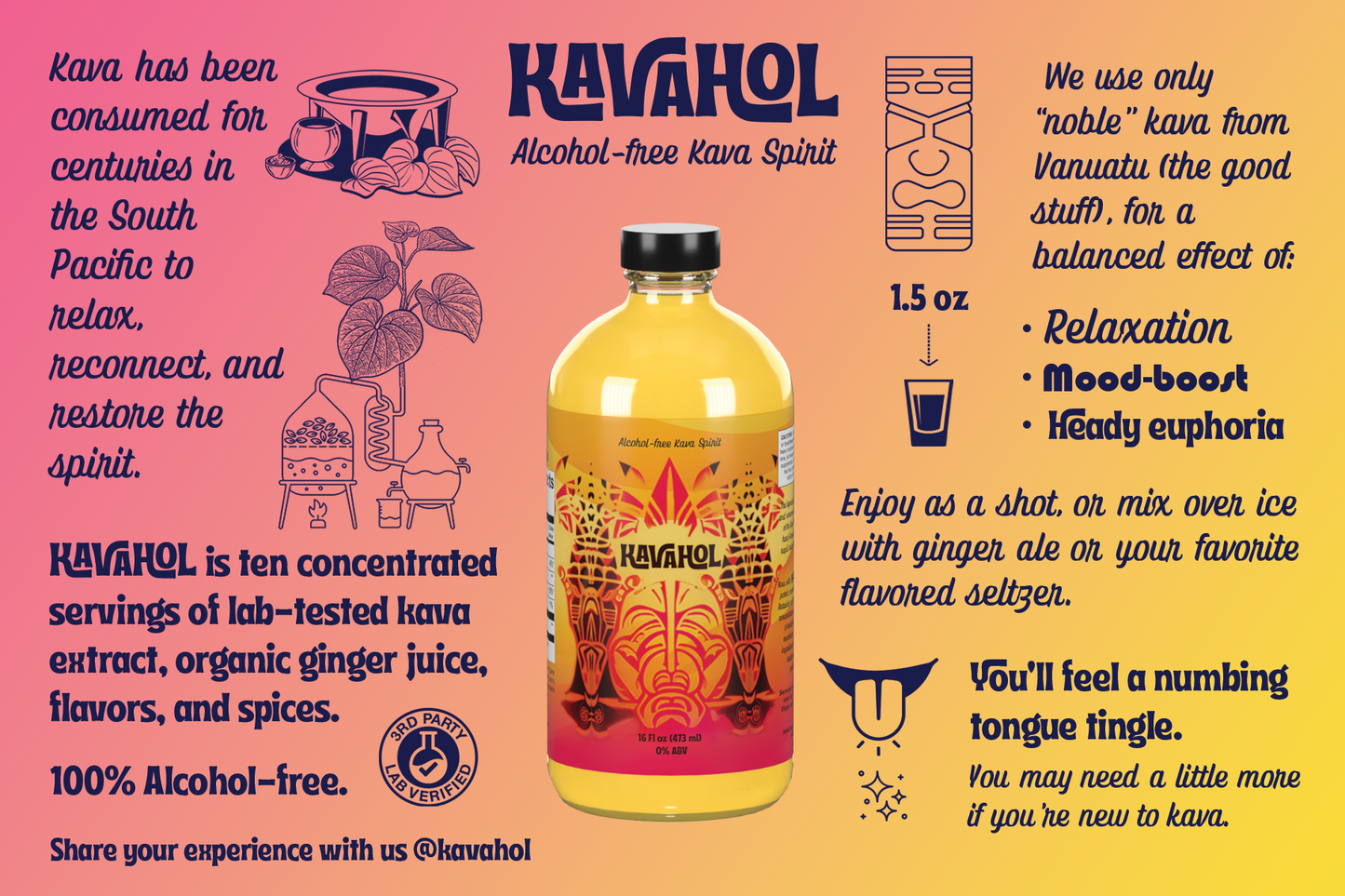 KAVAHOL Alcohol-free Kava Spirit - 10 Servings (16oz)